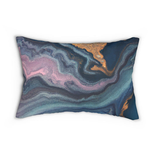 Decorative Lumbar Throw Pillow - Blue Pink Gold Abstract Marble Swirl Pattern-1
